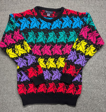 VTG DHI Sweater Women L Black Red Yellow Purple Pink Leaves 80s 90s Bright