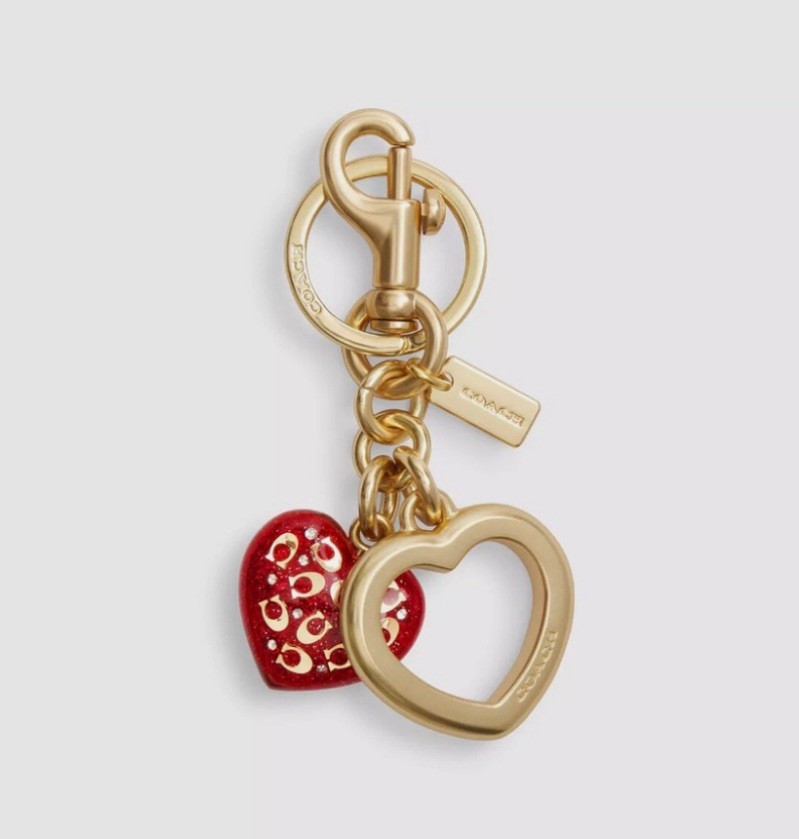 NWT Coach Signature C Heart Bag Charm Keychain Key Fob Gold/Red