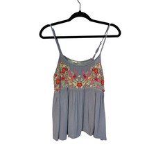 Sim & Sam Blue Floral Embroidered Babydoll Cami Tank Top Medium Boho Festival