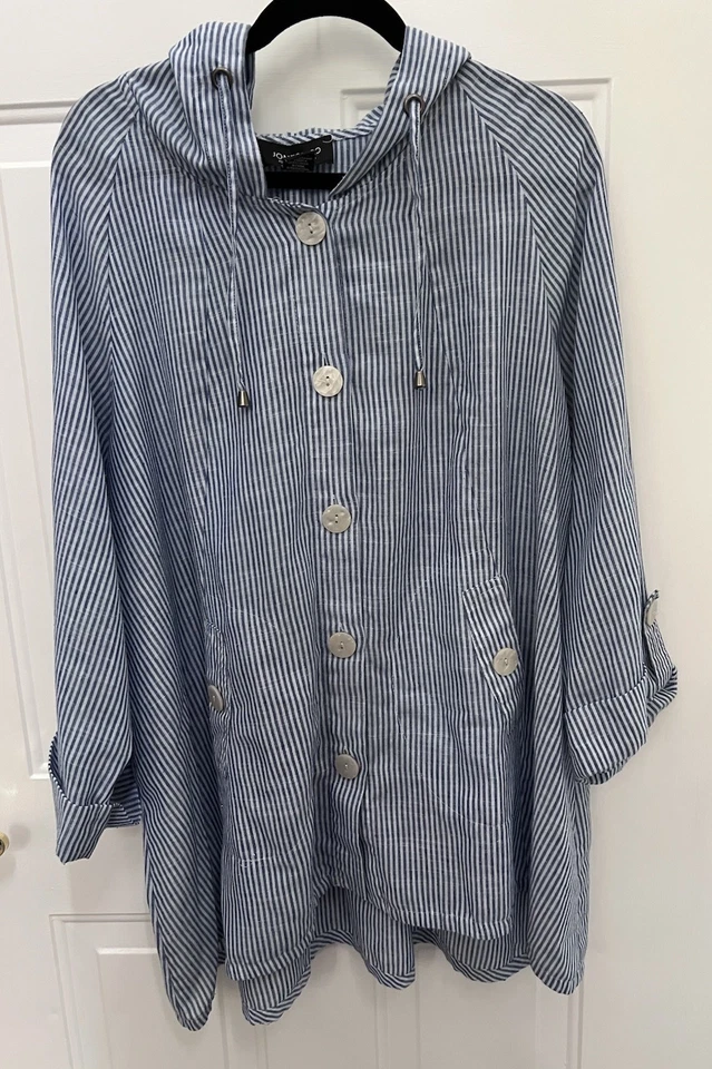 Jones New York Women's Blue White Striped Linen/Cotton Soft Hooded Jacket Sz 2X - Image 2 of 4