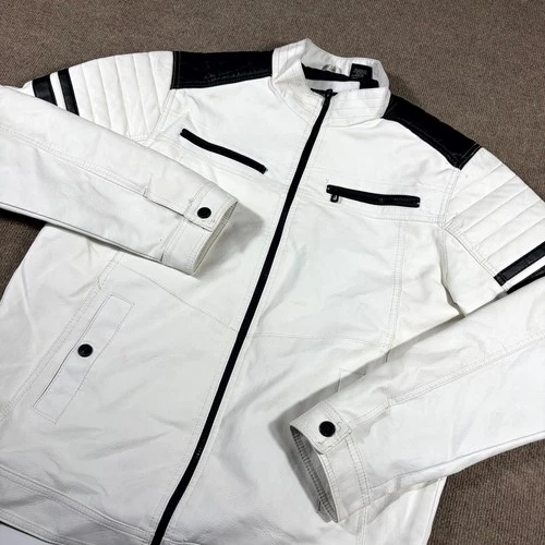 Distortion Biker Jacket Mens XL White Faux Leather Mock Neck Full Zip Racing video thumbnail