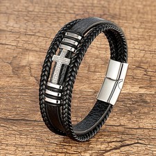 Cross Bracelet Black Leather Band Rope Woven Zirconia Men Women Stainless Steel