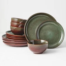 Stoneware Dinnerware Sets Service for 4-12Pcs (Cereal Bowl), Brown Green 