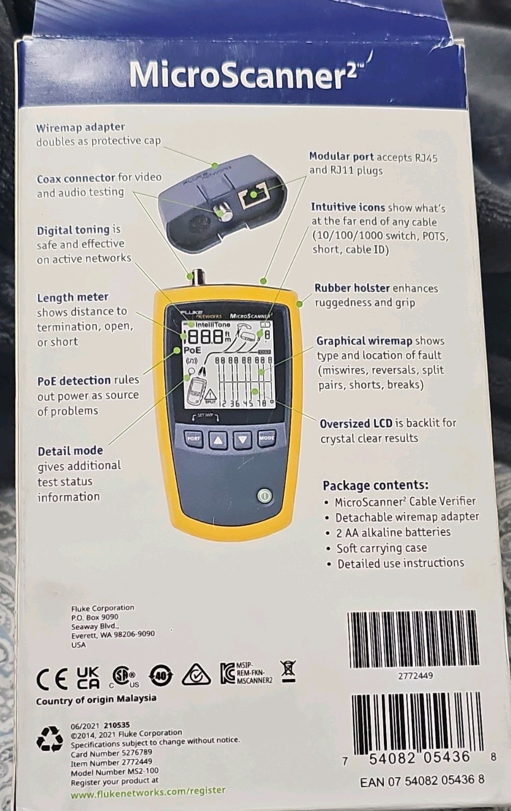 Fluke Networks MicroScanner2 MS2-100 케이블 검증기 테스터 RJ11 RJ45 F-동축 케이블 3