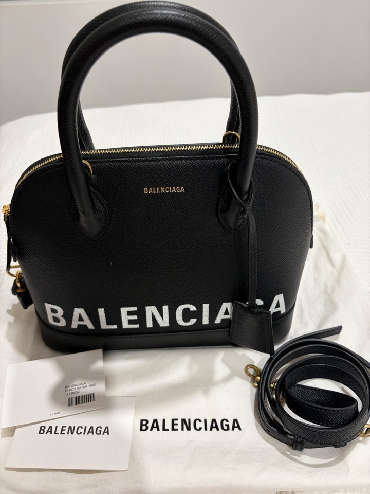 Balenciaga Black Pebbled Leather Logo Top Handle Bag Detachable Strap Gold