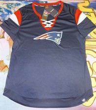 New England Patriots Fanatics Womens L Blue Lace Up Mesh NFL Jersey Shirt