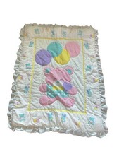 Vintage Baby Blanket Bear Holding Balloons Pastel Colors White Ruffle Pink Trim
