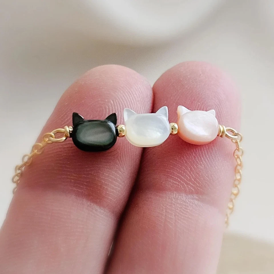 Pulsera madreperla gatito gato encanto oro 14K mascota memorial gato amante Foto 4 de 4