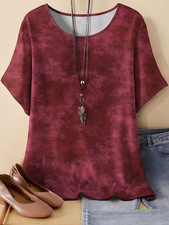 PLUS SIZE 18 24 BURGUNDY WINE DYED PRINT TOP BLOUSE T SHIRT STRETCH SHORT SLEEVE