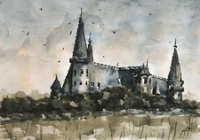 NEW Original signed Architectural Watercolor. Gothic-Inspired Castle Turrets
