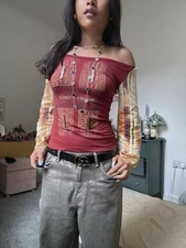 Save The Queen 90's Majestic Fishbones Abstract Print Lace Tulle Shirt UK 8 BNWT