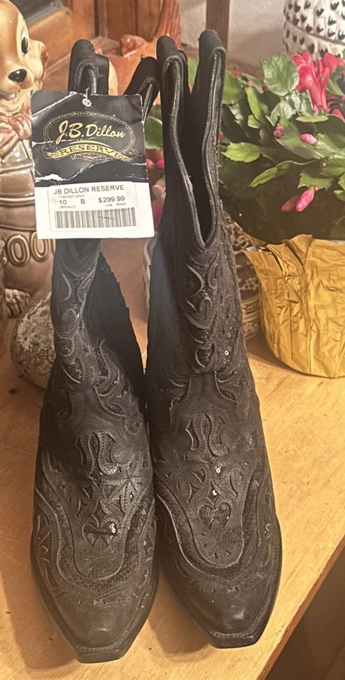 Botas de cuero occidentales para mujer JB Dillon Reserve lentejuelas negras talla 10 04017 nuevas con etiquetas Foto 4 de 4