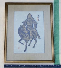 Vintage Etching on Rice paper, Motif Samurai on Horse