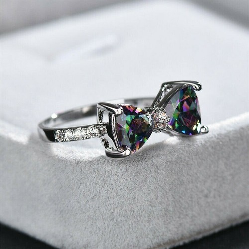 Women Mystic Rainbow Topaz Gemstone 925 Silver Bow Ring Engagement Jewelry Gifts - Picture 5 of 23