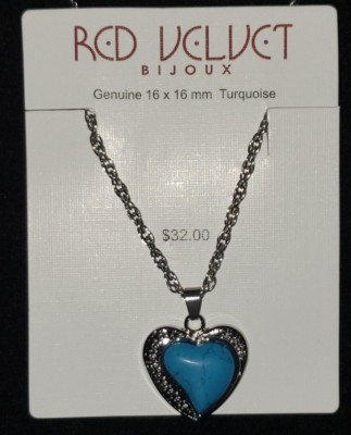 NEW RED VELVET BIJOUX SILVERTONE GENUINE TURQUOISE HEART PENDANT NECKLACE, $32