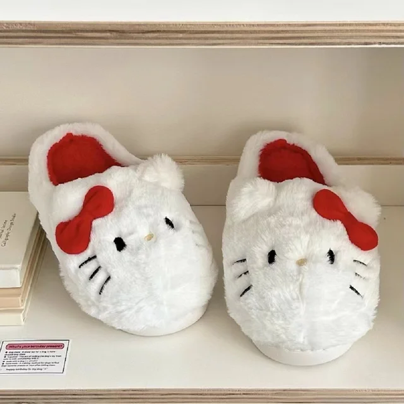 Plush Slippers Hello Kittys Cute Autumn Winter Bedroom Soft Padded Plush Shoes G-image
