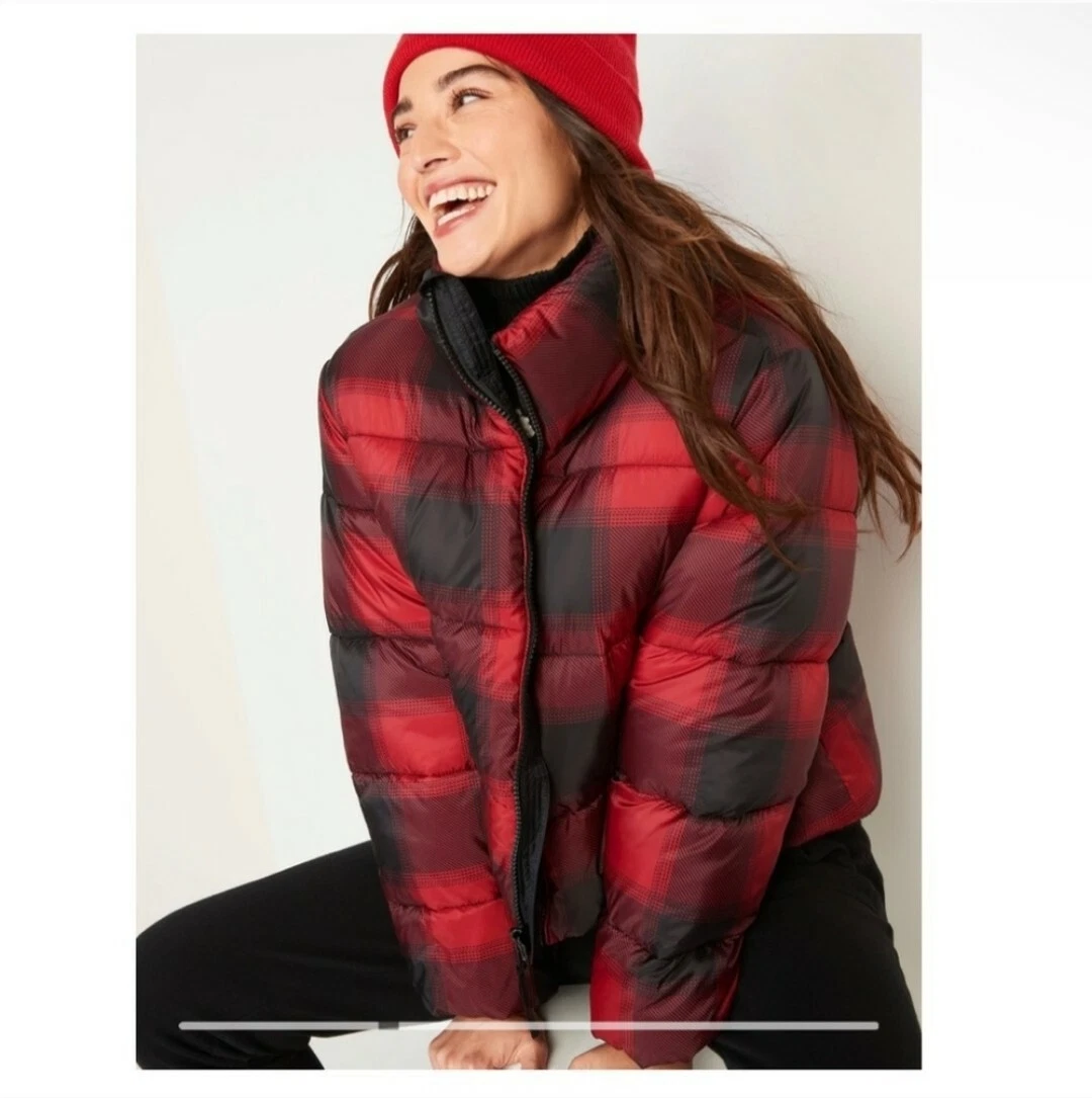 Old Navy Women’s Short Puffer Buffalo Plaid Red and Black Jacket L