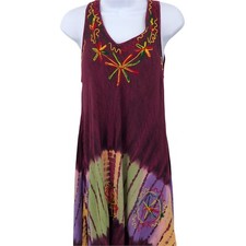 Mineral Wash Tie Dye Floral Embroidered Womens Dress Size M Sleeveless Sunflower