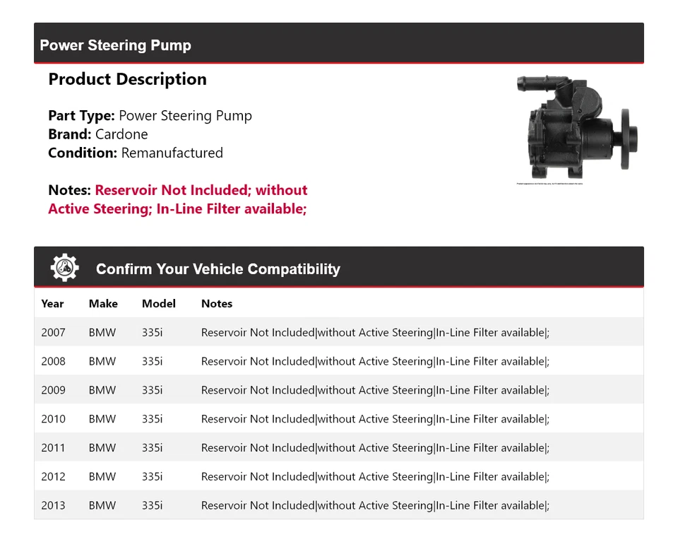 Насос гидроусилителя руля Cardone для BMW 335i 2007-2013 годов выпуска 2008 2009 2010 2011 2012 годов выпуска - Изображение 2 из 4