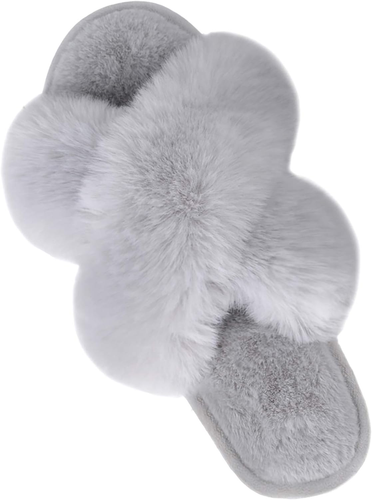 Women'S Fuzzy Slippers Comfy Cross Band House Shoes Memory Foam Open Toe Indoor