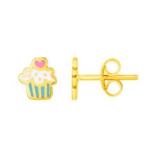 14k Yellow Gold and Enamel Cupcake Stud Earrings