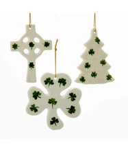 KURT ADLER SET OF 3 PORCELAIN IRISH CHRISTMAS ORNAMENTS - TREE, CROSS & SHAMROCK