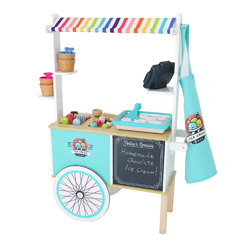 Kids Wooden Interactive Ice Cream Cart Playset Toy w/ Chalkboard & Storage