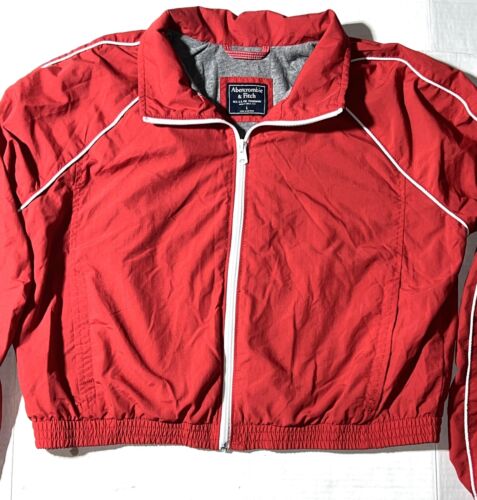 Abercrombie Fitch Red Nylon Lined Cropped Crop Windbreaker Full Zip Jacket L - Picture 2 of 5