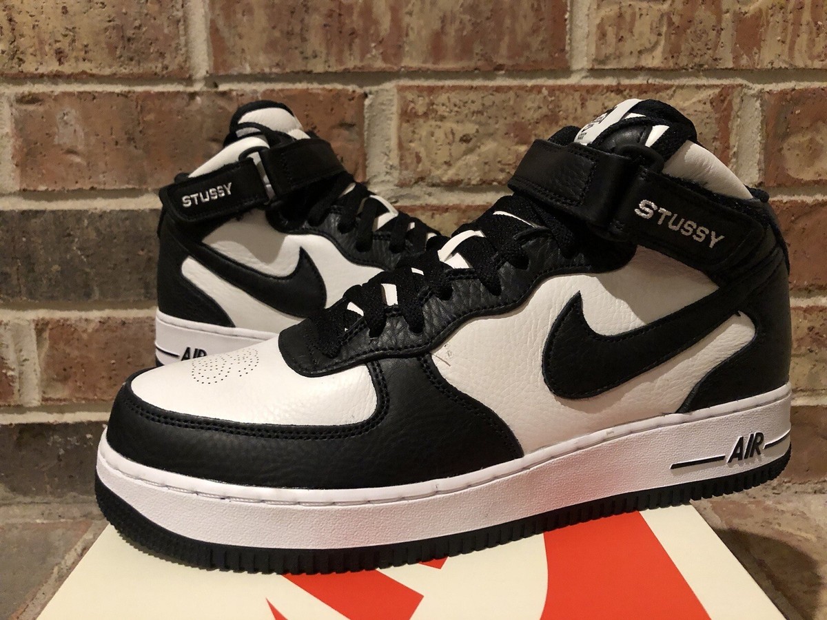 New 10.5 Nike Stussy Air Force 1 Mid Black White Sneakers DJ7840