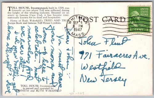 Vtg Whitman Massachusetts MA Toll House 1940s View Postcard - Imagen 2 de 2