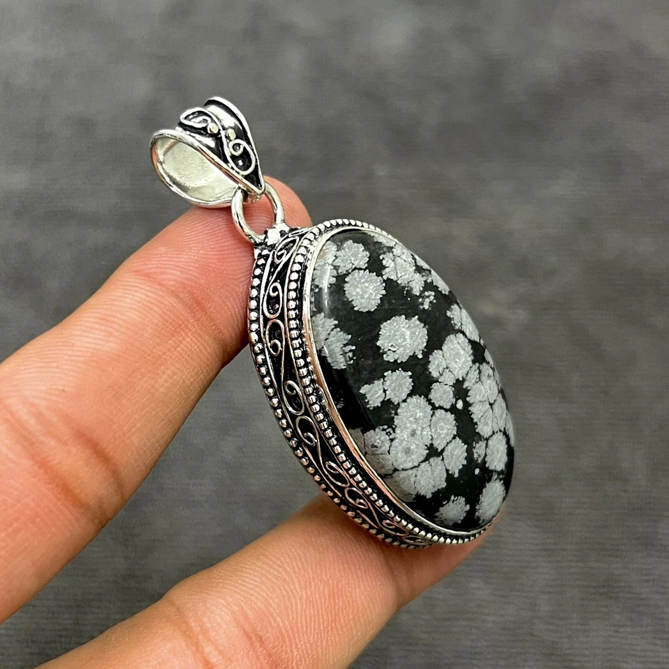 Fiocco di neve ossidiana gemma argento sterling 925 ciondolo gioiello fatto a... - Immagine 4 di 4