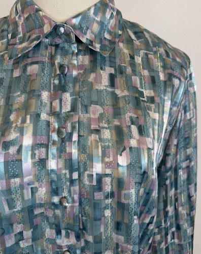 Vintage 90s Secretary Blouse M Boxy Fit Sheer Satin Stripe Jacquard Teal Blue - Picture 3 of 12