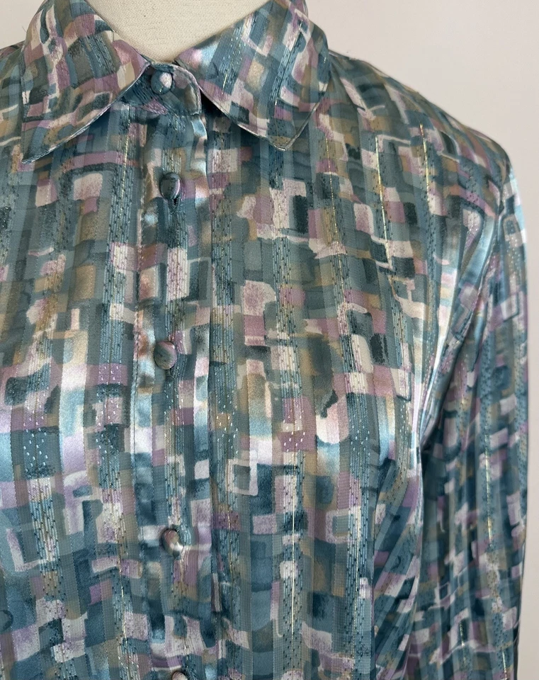 Blusa Secretary Vintage Mujer Mediana Transparente Satén Rayas Jacquard Verde azulado Años 80 90  Foto 3 de 4