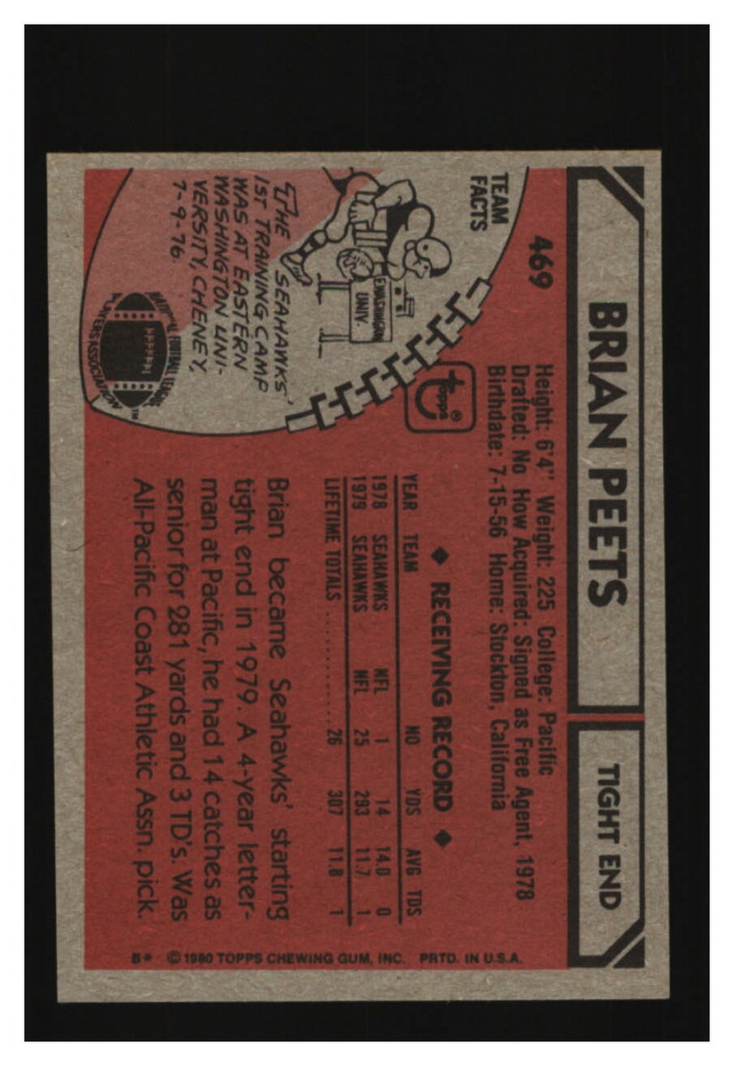 1980 Topps #469 Brian Peets Seattle Seahawks NM-MT | eBay