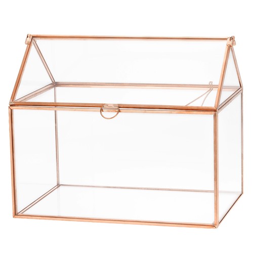 9" Glass Wedding Card Box with Lock, Clear Card Box Rose Gold