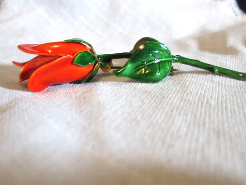 Vintage Long Stem Red Rose Enamel Brooch Pin 3" Long Fashion Jewelry - Picture 9 of 11