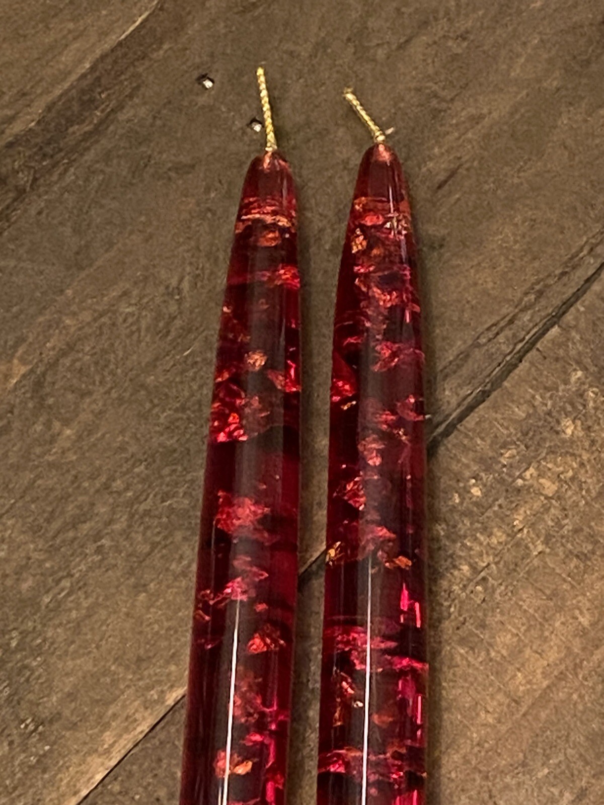 2 Cherry Red Lucite Acrylic Taper Candles with Gold Flakes 11 5/8