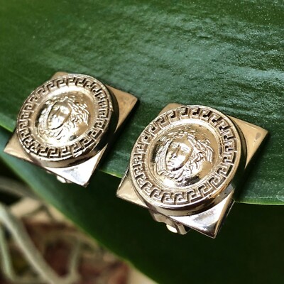 GIANNI VERSACE earrings Medusa head & Greek Key square clip on