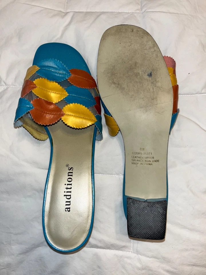 AUDITIONS SLIP ON SHOES SANDALS AQUA GOLD RUST LEATHER SIZE 8M - Image 4 of 4