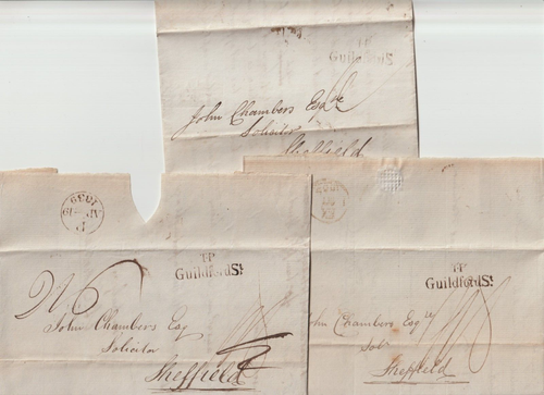 1839 x 3 LONDON LETTERS TP GUILDFORD St DIFF RATES TO JOHN CHAMBERS SHEFFIELD - 第 1/4 張圖片