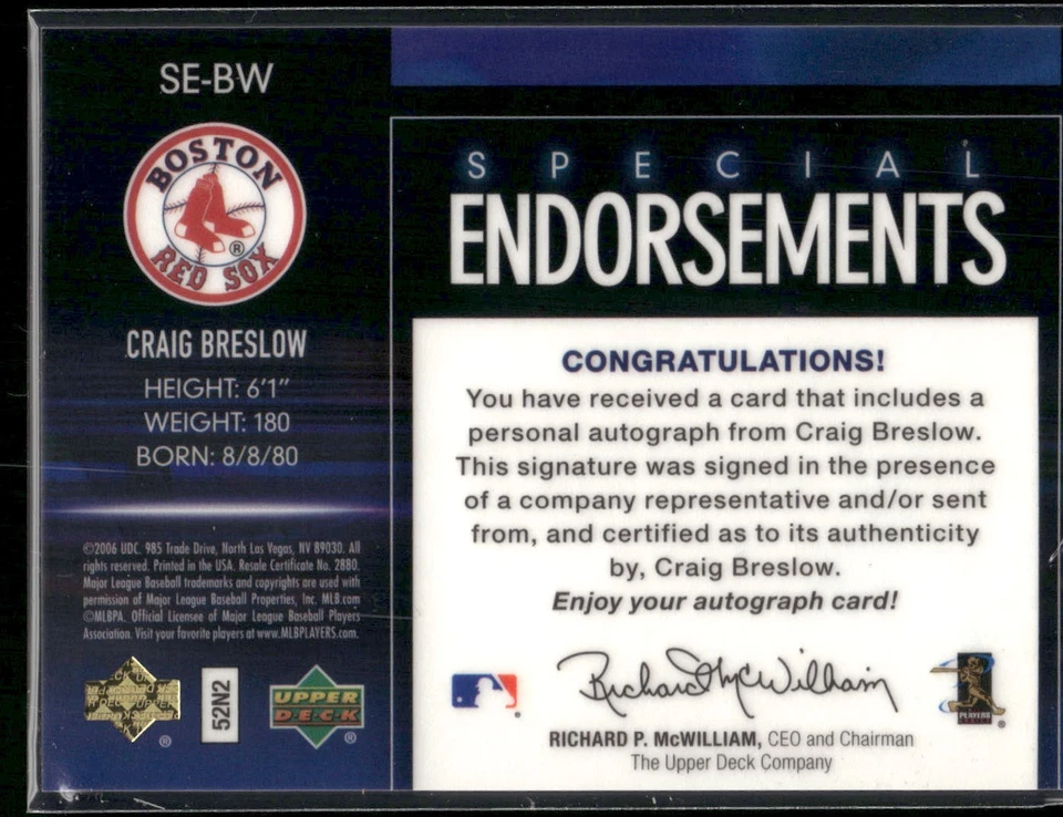 #SE-BW Craig Breslow 2006 Upper Deck Special F/X Special Endorsements - Image 2 of 2