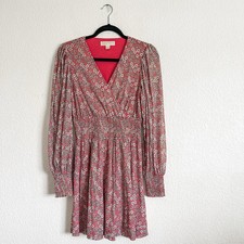 Michael Michael Kors Small Long Sleeve Pink Floral Print Smocked-Waist Dress