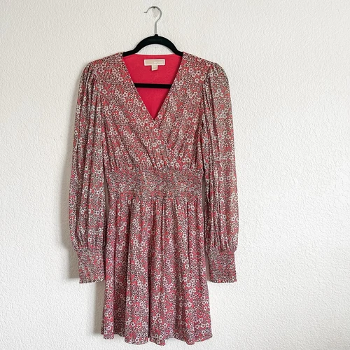 Abito Michael Michael Kors piccolo manica lunga rosa stampa floreale vita smocked