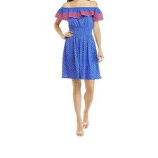Lilly Pulitzer Kalama Off Shoulder Ruffle Smocked Dress L Blue Squared, Med NWT