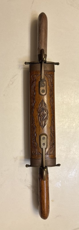 Vintage Antique Carving Set Brass With Ornately Carved Wood Over 17” Total