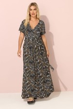 Yours Plus Size 26 - 28 Black Leaf Print Maxi Dress Wrap Front BNWT