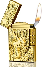 Dragon Relief Design, Side Wheel Frosted Lighter, Refillable Butane, Soft Flame 