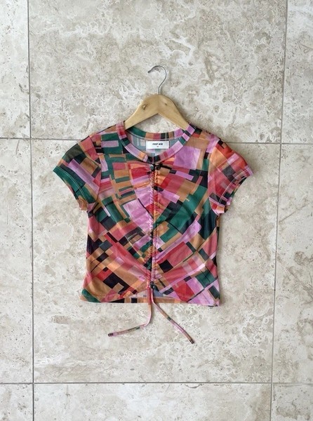 FIRST MSE AU XS Womens Mesh Crop Top Sheer Geometric Baby Tee Multicolour Y2K