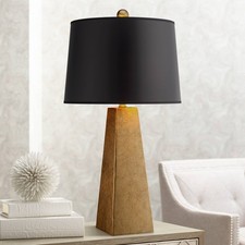 Modern Table Lamp with USB Port Gold Leaf Black Drum Shade for Living Room