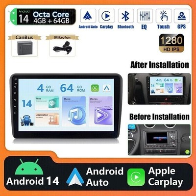 4GB Android 14 Autoradio CarPlay BT 5.0 GPS Navi Für Audi A3 S3 8P 8V 2003-2013